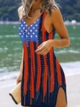 Ärmelloses Strickkleid für Damen mit V-Ausschnitt, US-Flaggenmuster und Seitenschlitz für den Strand - S / Stars and Stripes Gemischt