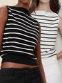 Women's two-piece knitted striped tank top set in black and white with a boat neck - S / Black + White