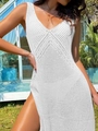 Weißes ärmelloses Häkelkleid mit V-Ausschnitt und Seitenschlitz für den Sommerurlaub - S / Weiß