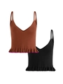 Strick-Camisole-Set in Schwarz und Braun mit vertikalen Rippen und Rüschensaum - S / Kaffeebraun Und Schwarz