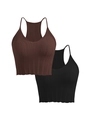 Set van geribbelde gebreide tanktops voor dames met U-hals en racerback in bruin en zwart design - S / Koffiebruin En Zwart