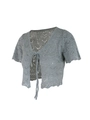 Detail of grey short sleeve knit cardigan showing hollow out crochet and front tie closure - S / Gray