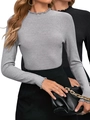 Women's ribbed knit two-piece set featuring ruffle trim neckline and long sleeves in grey - S / Grey + Black