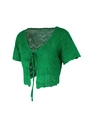 Close-up of vibrant green knit texture on short-sleeved hollow-out crochet cardigan - S / Green