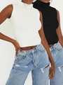 Elegante conjunto de punto con tops cortos sin mangas de cuello alto en blanco y negro - S / Blanco y Negro