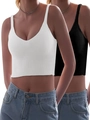 Damen Set aus Rippstrick-Crop-Tops mit V-Ausschnitt in Schwarz und Weiß für Sommer - S / Weiß + Schwarz