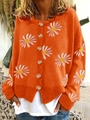 Cardigan da donna arancione a maniche lunghe con ricami di margherite e bottoni tondi - S / Arancione