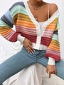 Colorful striped V-neck knitted cardigan with white buttons and long sleeves for women - S / Mixed Colors