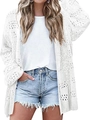 Detail of white crochet knit cardigan featuring intricate hollow-out patterns and light texture - S / Off-White
