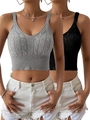 Women's V-neck cable knit cropped camisole set in classic grey and black colors - M / Grey + Black