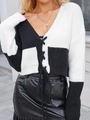 Cárdigan de punto para mujer con cuello en V, diseño color block en blanco y negro y lazo - S / Patchwork Blanco y Negro