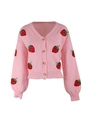 Gilet en tricot rose pour femmes avec motifs de fraises brodés et boutons en bois - S / Rose