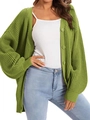 Green waffle knit long sleeve cardigan with buttons and ribbed cuffs for women - S / Yellow-Green