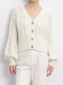 Women's cream white cable knit cardigan with V-neck, pearl buttons and lantern sleeves - S / Off White