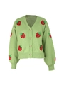 Close-up of strawberry embroidery on light green knitted cardigan with ribbed cuffs - Grass Green