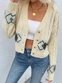 Chic cream knit cardigan with V-neck and argyle pattern on cuffs and pockets - S / Apricot