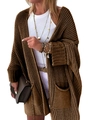 Detail view of a chunky knit dark brown cardigan sweater with large front pockets - Coffee