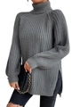 Pull femme à col montant gris en grosse maille avec manches lanterne et fentes - Gris