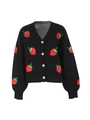 Close-up of strawberry embroidery on black knitted cardigan with ribbed cuffs - Black