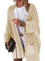 Detail of beige chunky knit long cardigan featuring drop shoulders and large front pockets - Beige