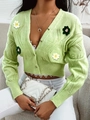 Light green V-neck knitted cardigan featuring 3D floral accents and round buttons - S / Yellow-Green