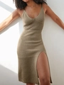 Detailed knit texture of a khaki crochet summer maxi dress with side slit and openwork design - Khaki