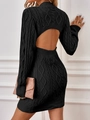 Detail of elegant backless cutout and cable knit texture on a black long sleeve dress - Black