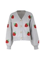 Detailed close-up of knitted strawberry embroidery and wooden buttons on gray cardigan - Gray