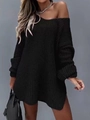 Vestido de punto grueso en color negro con cuello en V y diseño de hombros caídos - S / Negro