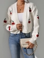 Damen-Strickjacke in Creme mit rotem Kirsch-Stickmuster und offenem V-Ausschnitt - S / Gebrochenes Weiß