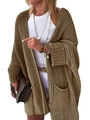Detail of chunky knit khaki cardigan showing oversized pockets and cable texture - Khaki