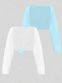 Detailed knit texture of white and light blue long sleeve shrugs with ribbed cuffs - Blue + White