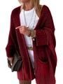 Detail of loose fit burgundy knit cardigan featuring large side pockets and ribbed cuffs - Dark Red