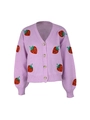 Detailed close-up of purple knit cardigan featuring red strawberry embroidery and V-neck line - Light Purple