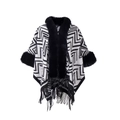 Damen Strickponcho mit schwarz-weißem geometrischem Muster und Kunstpelzbesatz - Schwarz und Grau mit Kunstfellkragen / 150x125cm