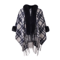 Poncho chal a cuadros azul marino con cuello de piel sintética y flecos para otoño invierno - Estilo Azul Marino Con Cuello de Piel