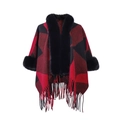 Winter red and black buffalo plaid poncho with fluffy black faux fur collar and tassels - Red Plaid With Fur Collar