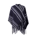 Scialle in maglia blu scuro con motivi geometrici bianchi e frange per l'autunno - Stile Jacquard con Nappine / Scialle Blu con Nappine
