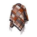 Klassisches Wollschal-Cape mit orange-grauem Karomuster und stilvollen Fransen - Camel Kariert / 150cmx135cm