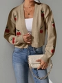 Khaki cropped knit cardigan featuring delicate red cherry embroidery and ribbed trims - Khaki