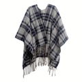 Chal poncho a cuadros para mujer con cuello de piel marino y borlas de flecos - Estilo Azul Marino Sin Cuello de Piel