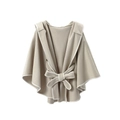 Eleganter beiger Kapuzenumhang mit Taillengürtel und kontrastierender weißer Paspelung - Einheitsgröße / Beige