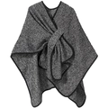 Poncho in lana bouclé bianco e nero da donna con scollo a V e drappeggio naturale - Bianco e nero misto