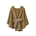 Premium Kapuzen-Poncho aus Wolle in Kamel mit weißer Paspelierung und Gürteldetail - Einheitsgröße / Camel