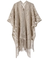 Beigefarbener Häkel-Strickponcho mit Fransen und geometrischen Lochmustern - Khaki