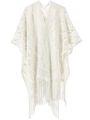 Châle en tricot ajouré beige avec motifs géométriques et élégantes franges longues - Blanc Cassé