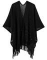Poncho en tricot ajouré noir pour femme avec franges et texture maille élégante - Noir