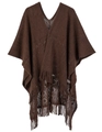 Châle en maille marron foncé pour femme avec col en V et détails de franges élégants - Marron