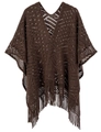 Poncho crocheté marron foncé avec col en V, motifs ajourés et longues franges - Marron