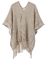 Châle en tricot beige ajouré avec franges élégantes et motifs géométriques crochetés - Kaki